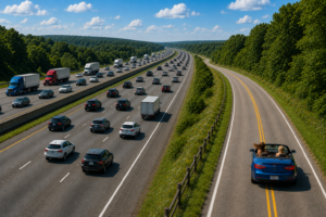 Busy interstate beside a quiet two-lane back road illustrating different paths to small business growth