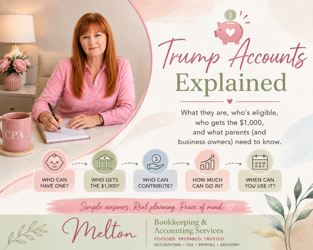 Trump Accounts explained by Melton Bookkeeping & Accounting Services – eligibility, $1,000 government contribution and contribution rules.