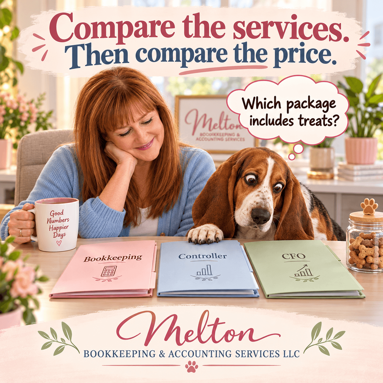 Paula and Charlie the basset hound compare folders labeled Bookkeeping, Controller, and CFO, while Charlie wonders which package includes treats.