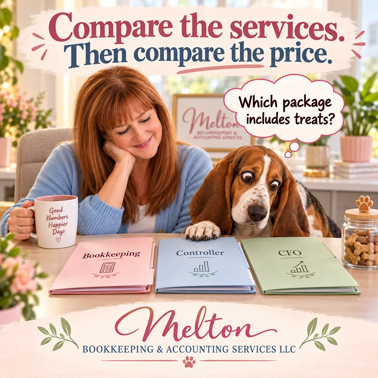 Paula and Charlie the basset hound compare folders labeled Bookkeeping, Controller, and CFO, while Charlie wonders which package includes treats.