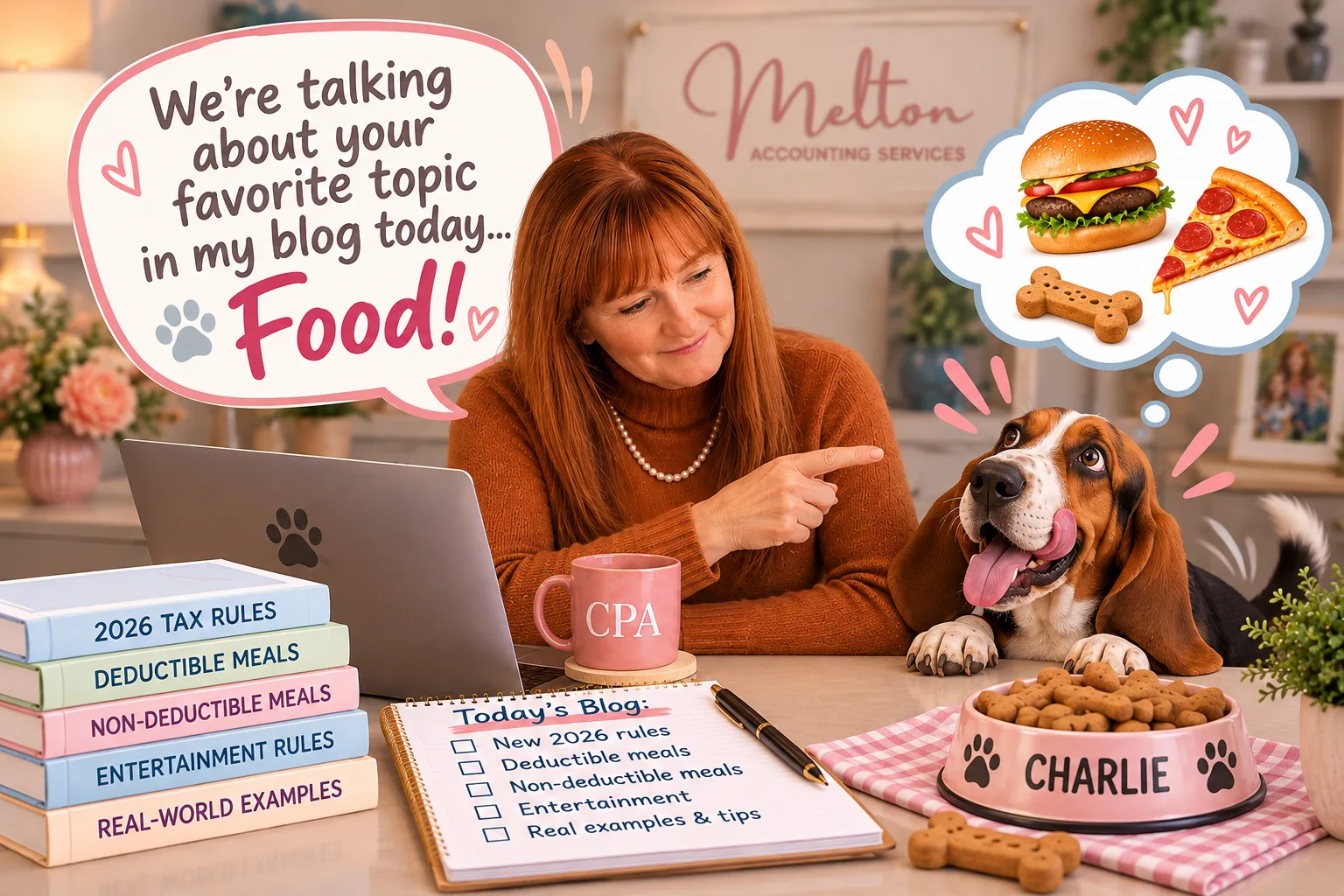 Paula Melton, CPA, discusses 2026 business meal tax deductions with Charlie the Basset Hound, who is excited about food.